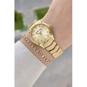 Kadranı Sarı Kordonu Gold Renk 30 mm Hediye Paketli Kadın Kol Saati