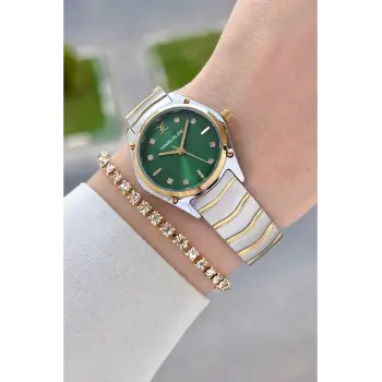 Kadranı Yeşil Kordonu Gold Gümüş Renk 30 mm Hediye Paketli Kadın Kol Saati