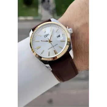 Kasası Gümüş Gold Kordonu Kahverengi Renk 42 Mm Takvimli Hediye Paketli Erkek Kol Saati