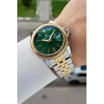 Kadranı Yeşil Kordonu Gold Gümüş Renk 41 Mm 5 ATM Takvimli Hediye Paketli Erkek Kol Saati