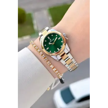 Kadranı Yeşil Kordonu Gold Gümüş Renk Hediye Paketli Kadın Kol Saati ve Bileklik