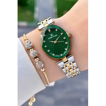 Kadranı Yeşil Kordonu Gold Gümüş Renk Kadın Kol Saati Ve Bileklik