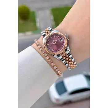 Kadranı Bordo Kordonu Rose Gümüş Renk 28 Mm Hediye Paketli Kadın Kol Saati