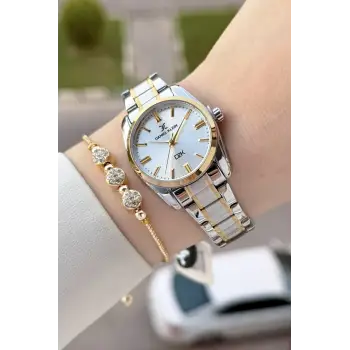 Gold Gümüş Renk 30 Mm Hediye Paketli Kadın Kol Saati