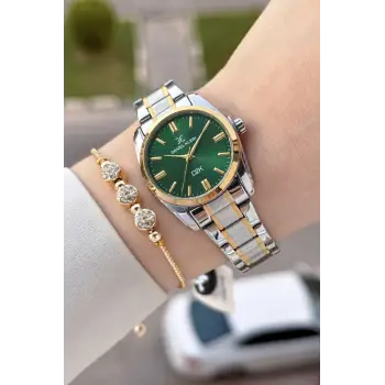 Kadranı Yeşil Kordonu Gold Gümüş Renk 30 Mm Hediye Paketli Kadın Kol Saati
