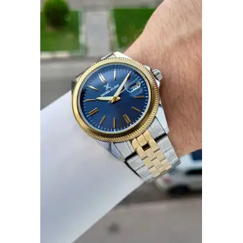 Kadranı Lacivert Kordonu Gold Gümüş Renk 41 Mm 5 ATM Takvimli Hediye Paketli Erkek Kol Saati