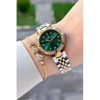 Kadranı Yeşil Kordonu Gold Gümüş Renk 30 Mm Crystal Cam Hediye Paketli Kadın Kol Saati