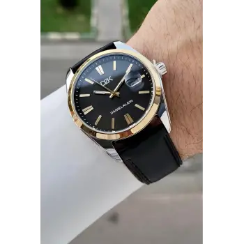 Kasası Gümüş Gold Kordonu Siyah Renk 42 Mm Takvimli Hediye Paketli Erkek Kol Saati