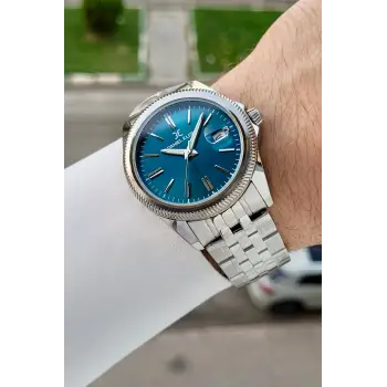 Kadranı Mavi Kordonu Gümüş Renk 41 Mm 5 ATM Takvimli Hediye Paketli Erkek Kol Saati