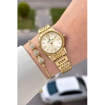 Kadranı Sarı Kordonu Gold Renk 28 Mm Hediye Paketli Kadın Kol Saati
