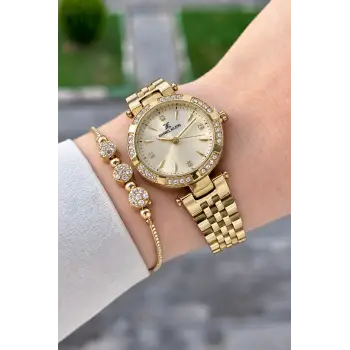 Kadranı Sarı Kordonu Gold Renk 30 Mm Crystal Cam Hediye Paketli Kadın Kol Saati