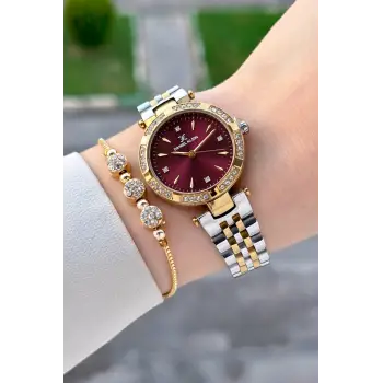 Kadranı Bordo Kordonu Gold Gümüş Renk 30 Mm Crystal Cam Hediye Paketli Kadın Kol Saati