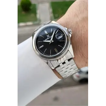 Kadranı Siyah Kordonu Gümüş Renk 41 Mm 5 ATM Takvimli Hediye Paketli Erkek Kol Saati