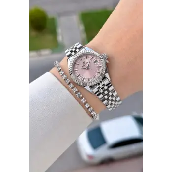 Kadranı Pembe Kordonu Gümüş Renk 28 Mm Hediye Paketli Kadın Kol Saati