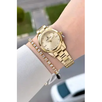 Kadranı Sarı Kordonu Gold Renk 28 Mm Hediye Paketli Kadın Kol Saati