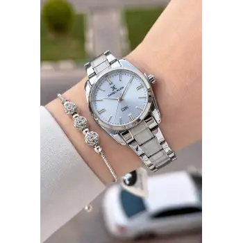 Kadranı Mavi Kordonu Gümüş Renk 30 Mm Hediye Paketli Kadın Kol Saati