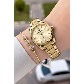 Kadranı Sarı Kordonu Gold Renk 30 Mm Hediye Paketli Kadın Kol Saati
