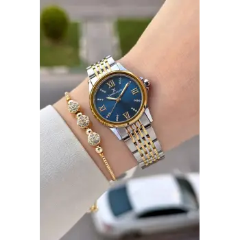 Kadranı Lacivert Kordonu Gold Gümüş Renk 28 Mm Hediye Paketli Kadın Kol Saati