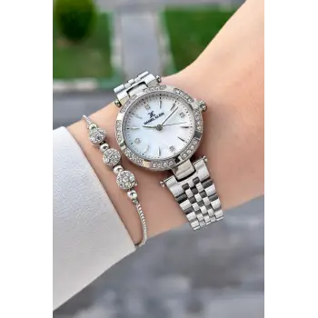 Gümüş Renk 30 Mm Crystal Cam Hediye Paketli Kadın Kol Saati