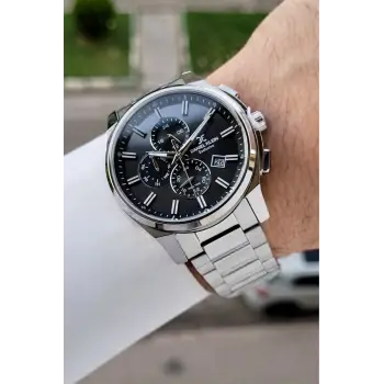 Kadranı Siyah Kordonu Gümüş Renk 44 Mm İç Göstergeleri Aktif Hediye Paketli Erkek Kol Saati