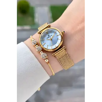 Kadranı Mavi Kordonu Gold Renk 26 Mm Hediye Paketli Kadın Kol Saati