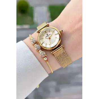 Kadranı Sarı Kordonu Gold Renk 26 Mm Hediye Paketli Kadın Kol Saati