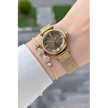 Kadranı Kahverengi Kordonu Gold Renk 26 Mm Hediye Paketli Kadın Kol Saati