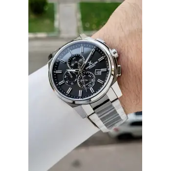 Gümüş Siyah Renk 44 Mm İç Göstergeleri Aktif Hediye Paketli Erkek Kol Saati