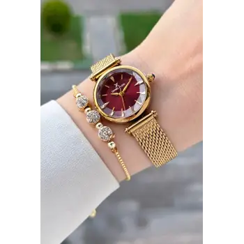 Kadranı Bordo Kordonu Gold Renk 26 Mm Hediye Paketli Kadın Kol Saati