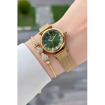 Kadranı Yeşil Kordonu Gold Renk 26 Mm Hediye Paketli Kadın Kol Saati