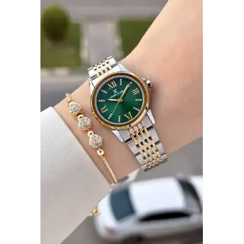 Kadranı Yeşil Kordonu Gold Gümüş Renk 28 Mm Hediye Paketli Kadın Kol Saati