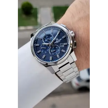 Kadranı Lacivert Kordonu Gümüş Renk 44 Mm İç Göstergeleri Aktif Hediye Paketli Erkek Kol Saati