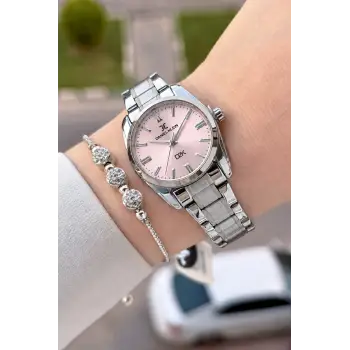 Kadranı Pembe Kordonu Gümüş Renk 30 Mm Hediye Paketli Kadın Kol Saati