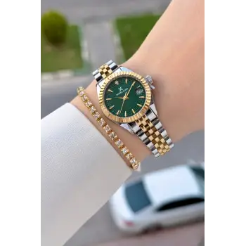 Kadranı Yeşil Kordonu Gold Gümüş Renk 28 Mm Hediye Paketli Kadın Kol Saati