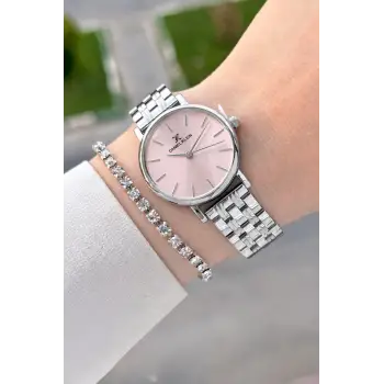 Kadranı Pembe Kordonu Gümüş Renk 30 Mm Hediye Paketli Kadın Kol Saati ve Bileklik