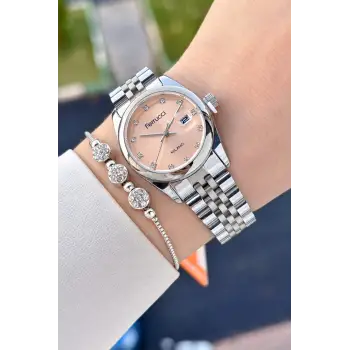 Kadranı Pembe Kordonu Gümüş Renk 28 Mm Hediye Paketli Kadın Kol Saati
