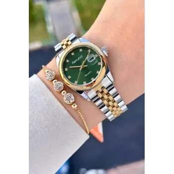 Kadranı Yeşil Kordonu Gold Gümüş Renk 28 Mm Hediye Paketli Kadın Kol Saati