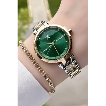 Premium Kadranı Yeşil Kordonu Gold Gümüş Hediye Paketli Renk Kadın Kol Saati Ve Bileklik