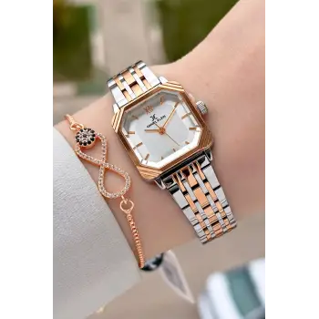 Rose Gümüş Renk Hediye Paketli 23 Mm Kare Kadın Kol Saati ve Bileklik
