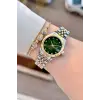 Kadranı Yeşil Kordonu Gold Gümüş Renk Takvimli 25 Mm Kadın Kol Saati ve Bileklik