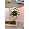 Kadranı Yeşil Kordonu Gold Gümüş Renk Takvimli 25 Mm Kadın Kol Saati ve Bileklik