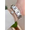 Gümüş Renk 24 Mm Zincirli Kadın Kol Saati ve Hediye Bileklik