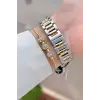 Gold Gümüş Renk 30 Mm Kristal Cam Kadın Kol Saati ve Hediye Bileklik