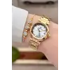 Gold Renk 30 Mm Kristal Cam Kadın Kol Saati ve Hediye Bileklik