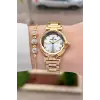 Gold Renk 30 Mm Kristal Cam Kadın Kol Saati ve Hediye Bileklik