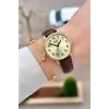 Kasası Gold Kordonu Kahverengi Renk 30,5 Mm Rakamlı Kadın Kol Saati ve Hediye Bileklik