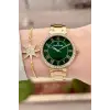 Kadranı Yeşil Kordonu Gold Renk 35 mm Kadın Kol Saati ve Hediye Bileklik