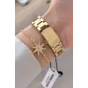 Kadranı Yeşil Kordonu Gold Renk 35 mm Kadın Kol Saati ve Hediye Bileklik