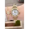 Gold Renk 28 mm Kristal Cam Kadın Kol Saati ve Bileklik