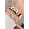 Gold Renk 28 mm Kristal Cam Kadın Kol Saati ve Bileklik